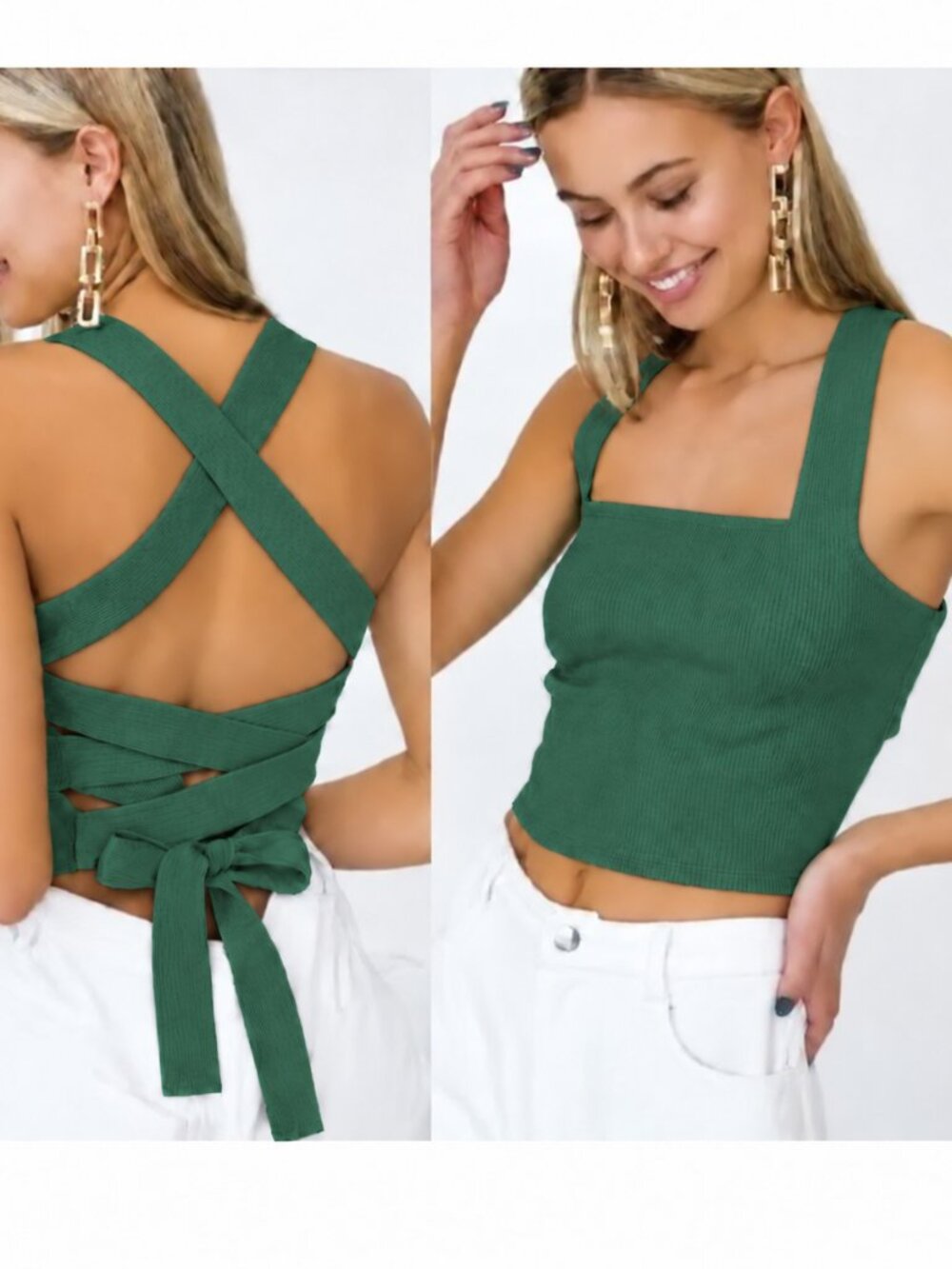 Le Lis Women's Green Crop-top Medium Sweater Knit Long Line Criss Cross Back